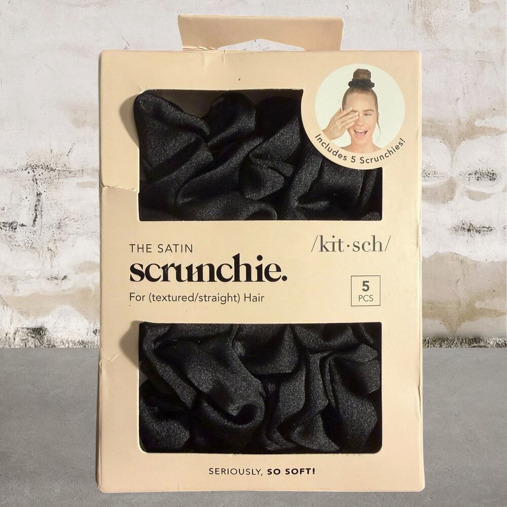 Kitsch $28 Black Satin Sleep Scrunchies 5pc Set NEW